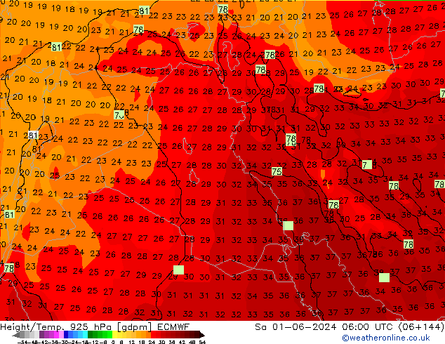 Height/Temp. 925 hPa ECMWF sab 01.06.2024 06 UTC