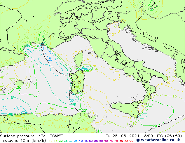 Izotacha (km/godz) ECMWF wto. 28.05.2024 18 UTC