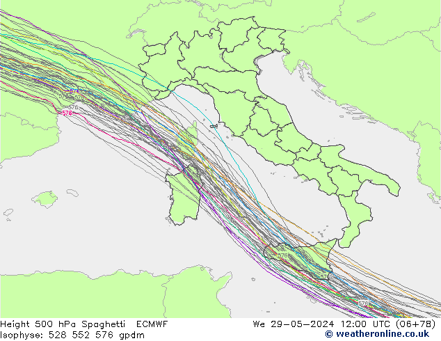 Hoogte 500 hPa Spaghetti ECMWF wo 29.05.2024 12 UTC