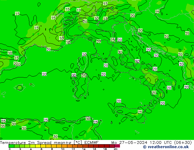 Temperatuurkaart Spread ECMWF ma 27.05.2024 12 UTC