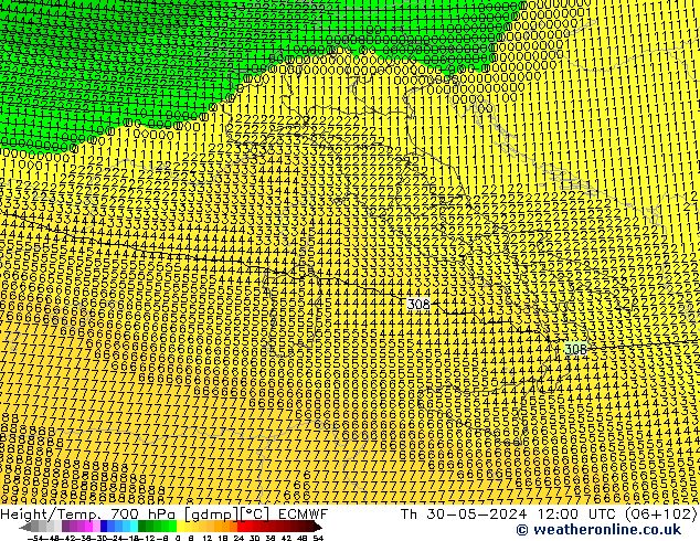 Height/Temp. 700 hPa ECMWF Do 30.05.2024 12 UTC