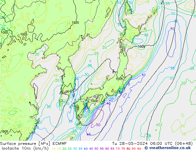 Isotachen (km/h) ECMWF di 28.05.2024 06 UTC