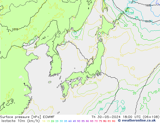 Isotachs (kph) ECMWF gio 30.05.2024 18 UTC