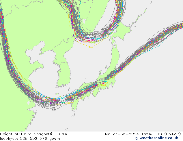 Height 500 hPa Spaghetti ECMWF  27.05.2024 15 UTC