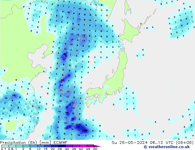 Totale neerslag (6h) ECMWF zo 26.05.2024 12 UTC