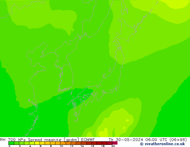 RH 700 hPa Spread ECMWF czw. 30.05.2024 06 UTC