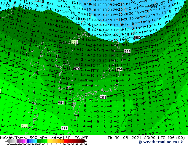 Height/Temp. 500 hPa ECMWF Th 30.05.2024 00 UTC