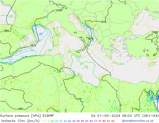 Isotachs (kph) ECMWF So 01.06.2024 06 UTC