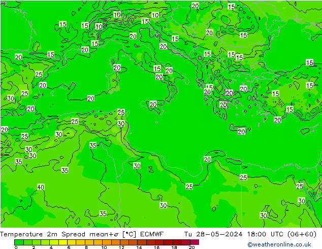 Temperatura 2m Spread ECMWF Ter 28.05.2024 18 UTC