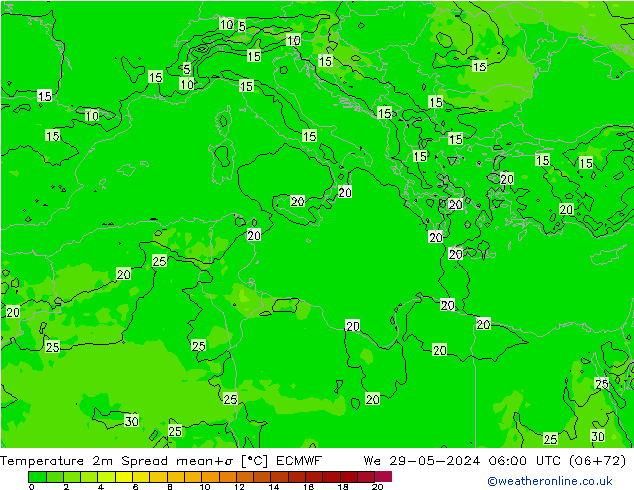 Temperature 2m Spread ECMWF We 29.05.2024 06 UTC