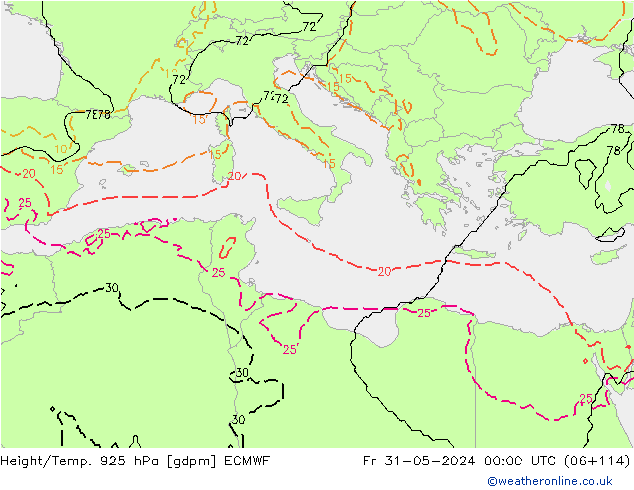 Height/Temp. 925 hPa ECMWF Fr 31.05.2024 00 UTC