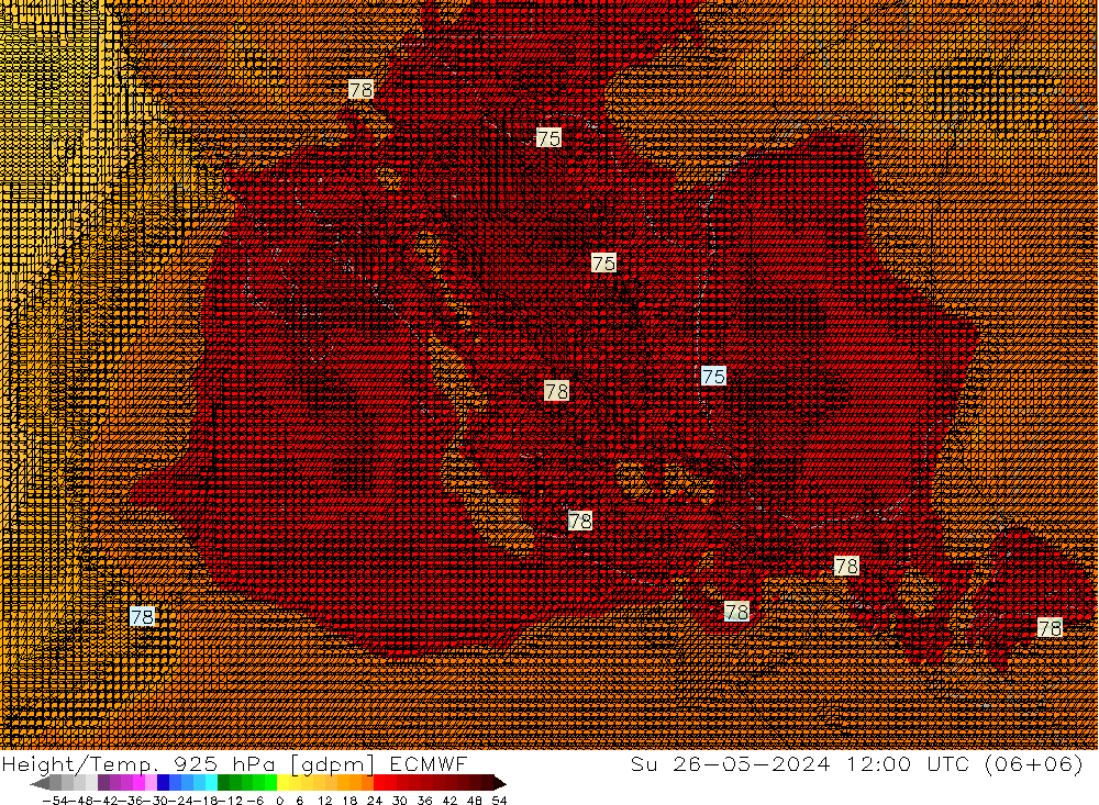 Height/Temp. 925 hPa ECMWF dom 26.05.2024 12 UTC