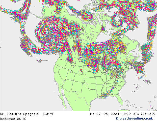 RH 700 hPa Spaghetti ECMWF Seg 27.05.2024 12 UTC