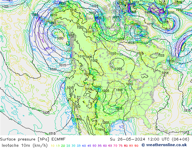 Isotachen (km/h) ECMWF So 26.05.2024 12 UTC