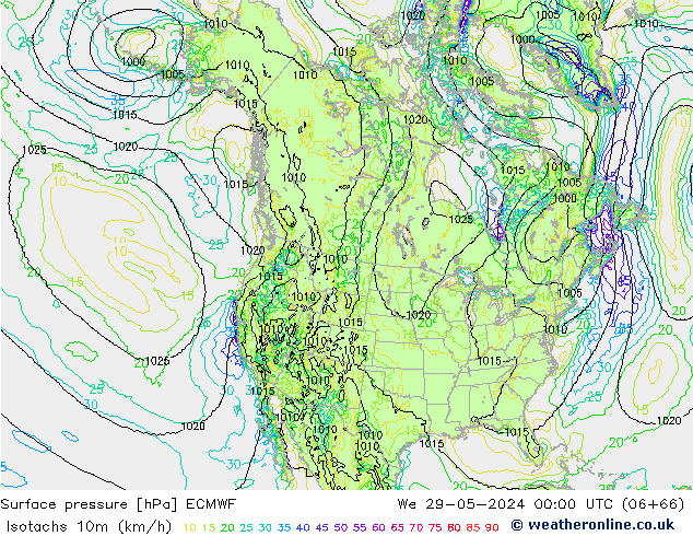 Isotachs (kph) ECMWF mer 29.05.2024 00 UTC