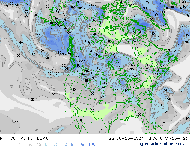 Humedad rel. 700hPa ECMWF dom 26.05.2024 18 UTC