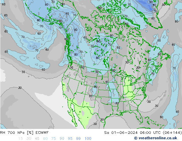 RH 700 гПа ECMWF сб 01.06.2024 06 UTC