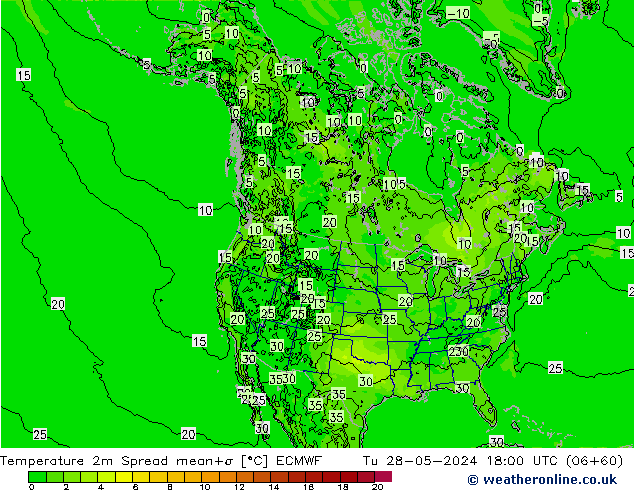 Temperatura 2m Spread ECMWF mar 28.05.2024 18 UTC