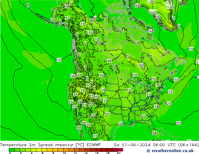 Temperatura 2m Spread ECMWF sab 01.06.2024 06 UTC