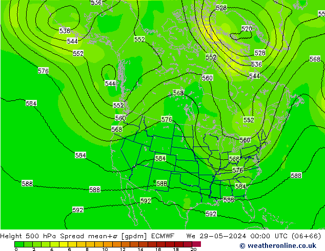 Height 500 гПа Spread ECMWF ср 29.05.2024 00 UTC