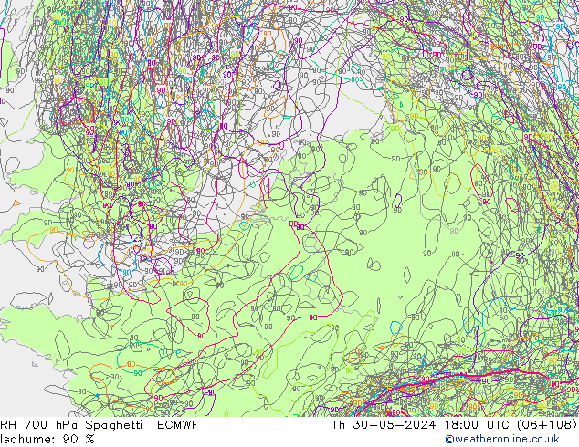 RH 700 hPa Spaghetti ECMWF Qui 30.05.2024 18 UTC