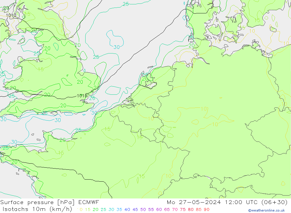 Isotachs (kph) ECMWF Mo 27.05.2024 12 UTC
