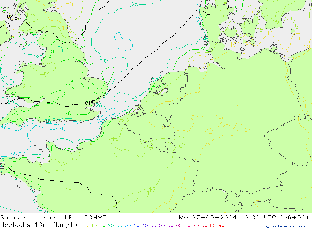 Isotachs (kph) ECMWF Po 27.05.2024 12 UTC