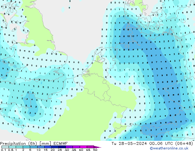 Precipitation (6h) ECMWF Út 28.05.2024 06 UTC