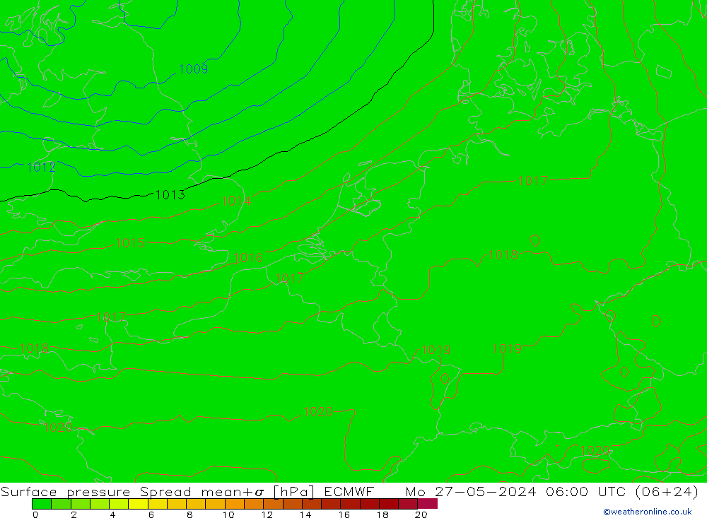 Surface pressure Spread ECMWF Mo 27.05.2024 06 UTC