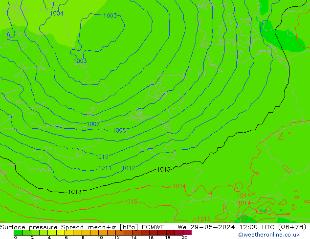 Surface pressure Spread ECMWF We 29.05.2024 12 UTC