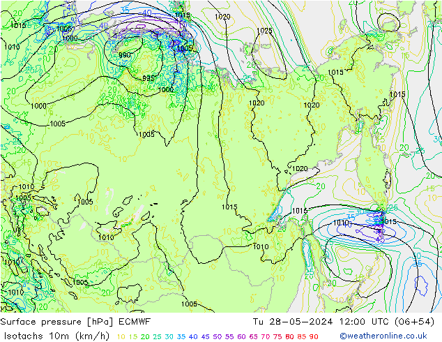 Isotachs (kph) ECMWF mar 28.05.2024 12 UTC