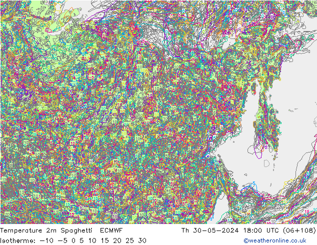 Temperatura 2m Spaghetti ECMWF jue 30.05.2024 18 UTC