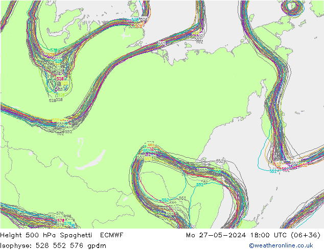 Height 500 hPa Spaghetti ECMWF Mo 27.05.2024 18 UTC