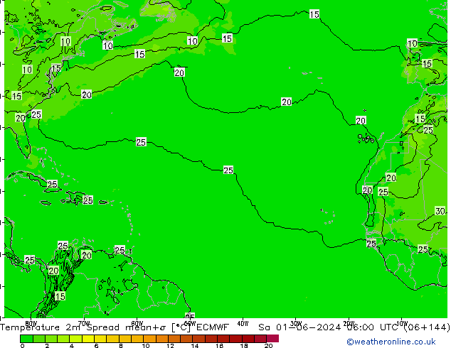 Temperatura 2m Spread ECMWF sáb 01.06.2024 06 UTC