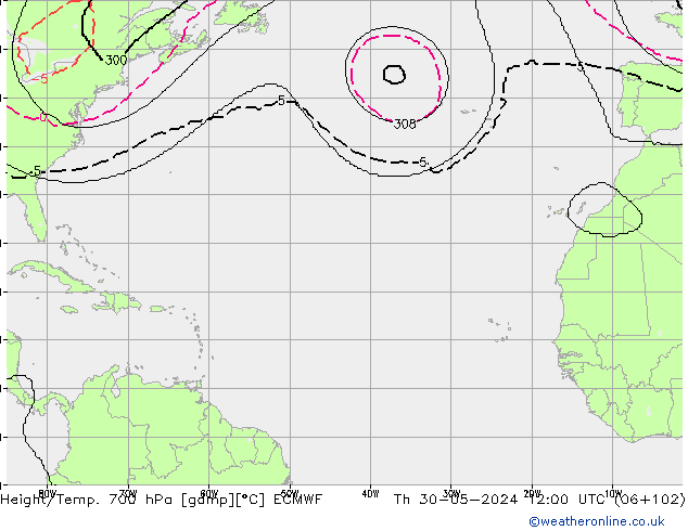 Height/Temp. 700 hPa ECMWF Th 30.05.2024 12 UTC