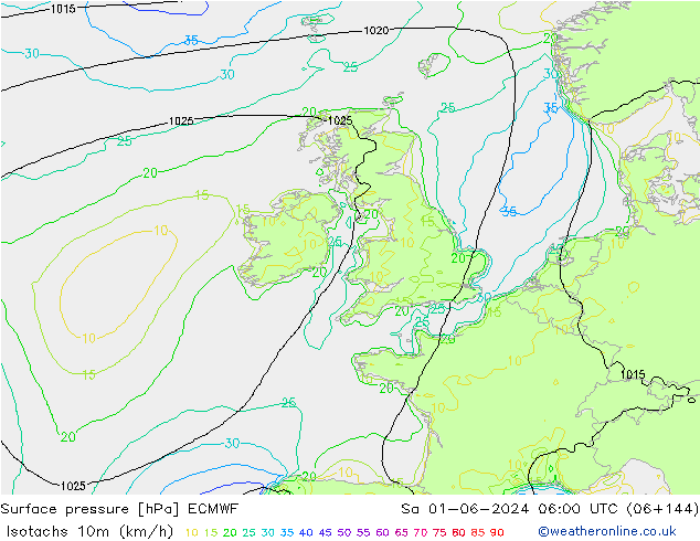 Isotachs (kph) ECMWF Sa 01.06.2024 06 UTC