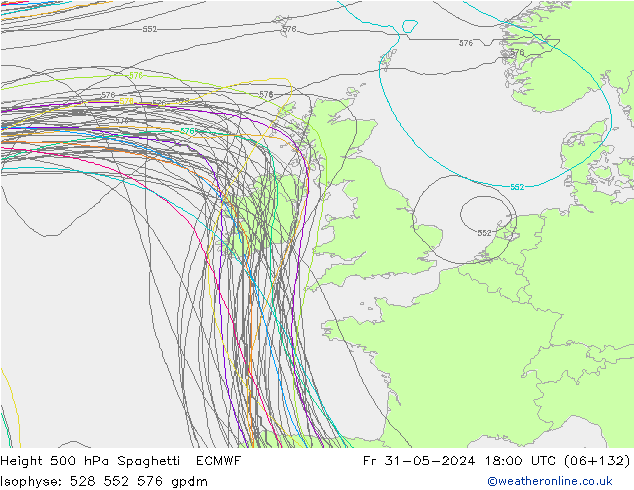 Height 500 hPa Spaghetti ECMWF Fr 31.05.2024 18 UTC