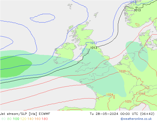 Jet stream/SLP ECMWF Út 28.05.2024 00 UTC