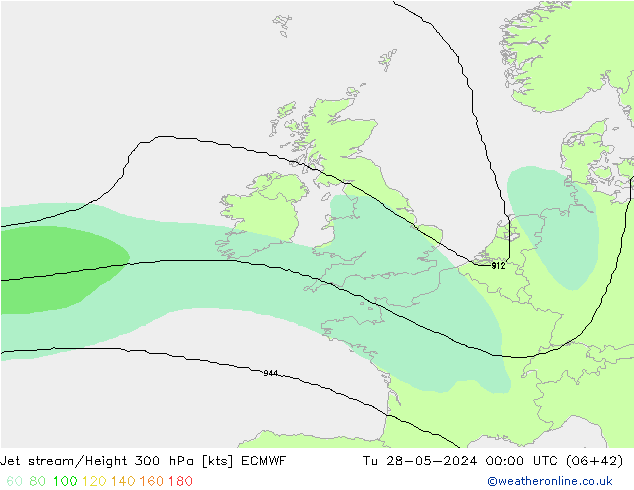 Jet stream/Height 300 hPa ECMWF Út 28.05.2024 00 UTC