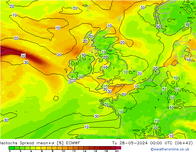 Isotachs Spread ECMWF Út 28.05.2024 00 UTC