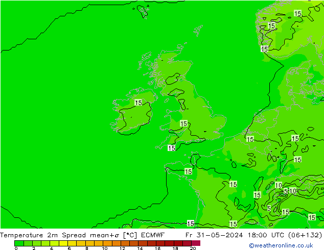 mapa temperatury 2m Spread ECMWF pt. 31.05.2024 18 UTC