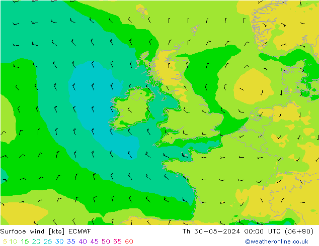 Wind 10 m ECMWF do 30.05.2024 00 UTC