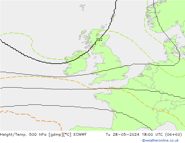 Height/Temp. 500 hPa ECMWF wto. 28.05.2024 18 UTC