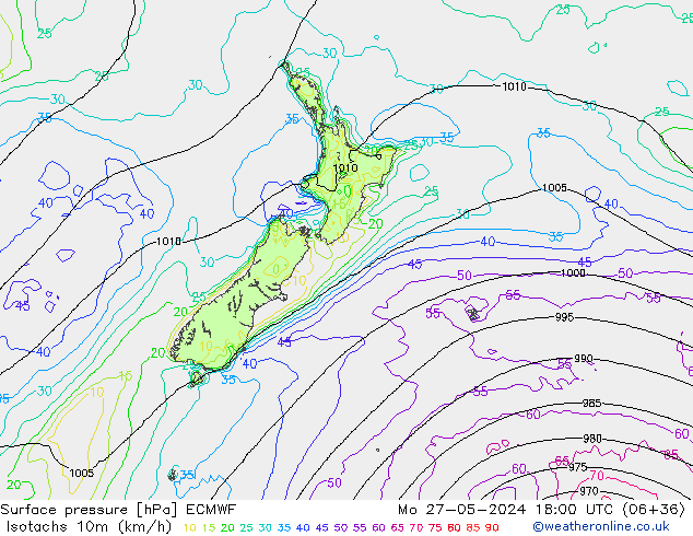 Isotachs (kph) ECMWF Po 27.05.2024 18 UTC