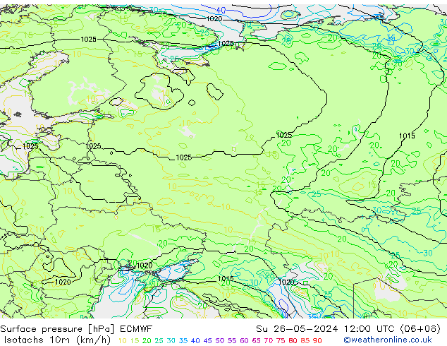 Isotachen (km/h) ECMWF So 26.05.2024 12 UTC