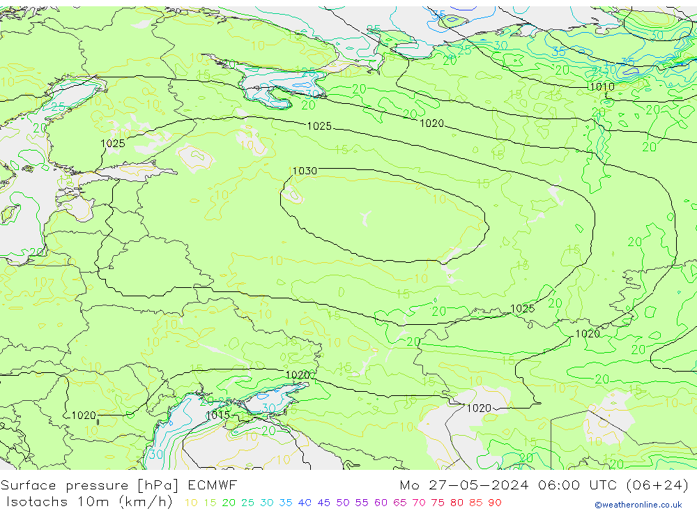 Isotachs (kph) ECMWF пн 27.05.2024 06 UTC