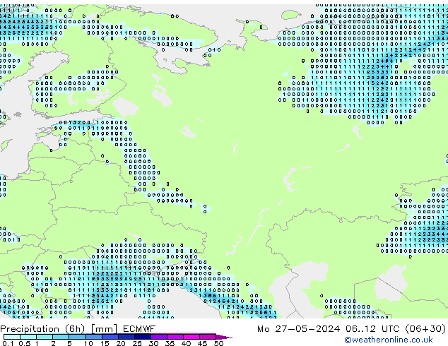Totale neerslag (6h) ECMWF ma 27.05.2024 12 UTC
