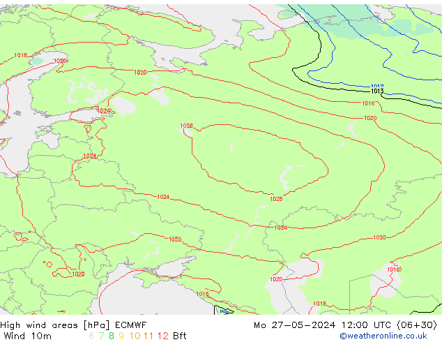 High wind areas ECMWF Mo 27.05.2024 12 UTC