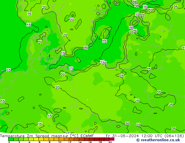 Temperature 2m Spread ECMWF Fr 31.05.2024 12 UTC