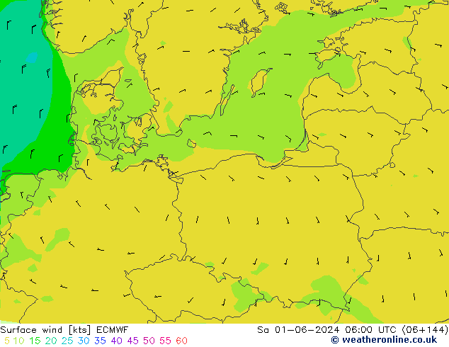 wiatr 10 m ECMWF so. 01.06.2024 06 UTC